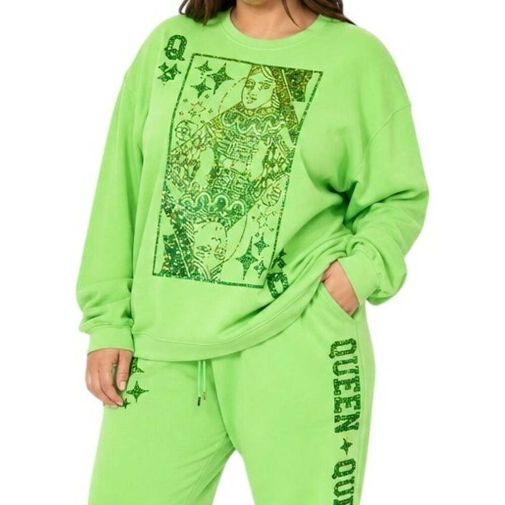Queen of Sparkles Green Sequin Card Sweatshirt Size XXL